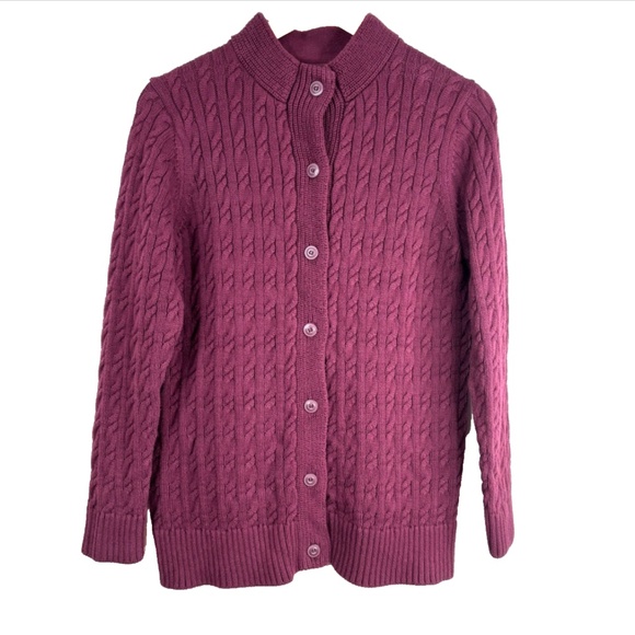 LL Bean Cable Knit Cardigan M Christmas Burgundy Preppy Granny Fisherman Cottage - Picture 1 of 9